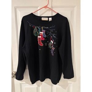 Alfred Dunner Womens Black Ugly Christmas Sweater 1X Stocking Embroidery Sequins